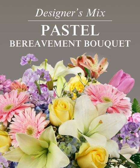 Bouquet of flowers overlaid in pink with text that says 