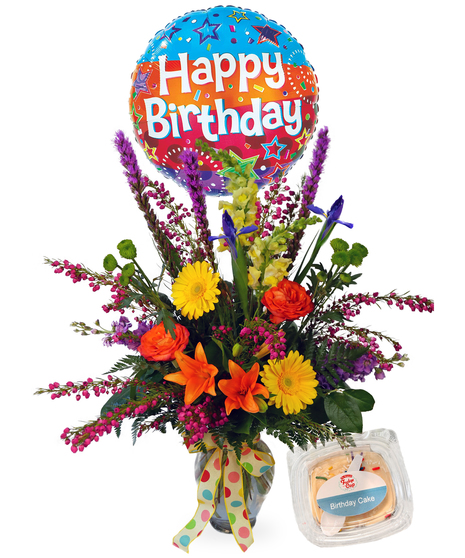 Bright bouquet of flowers in a blue vase presented with a balloon that reads 